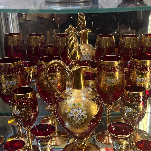 Tre Fuochi Ruby Red 24k Gold Drinking Set Murano Glass Royal Cordial Set. RARE - Picture 9 of 10